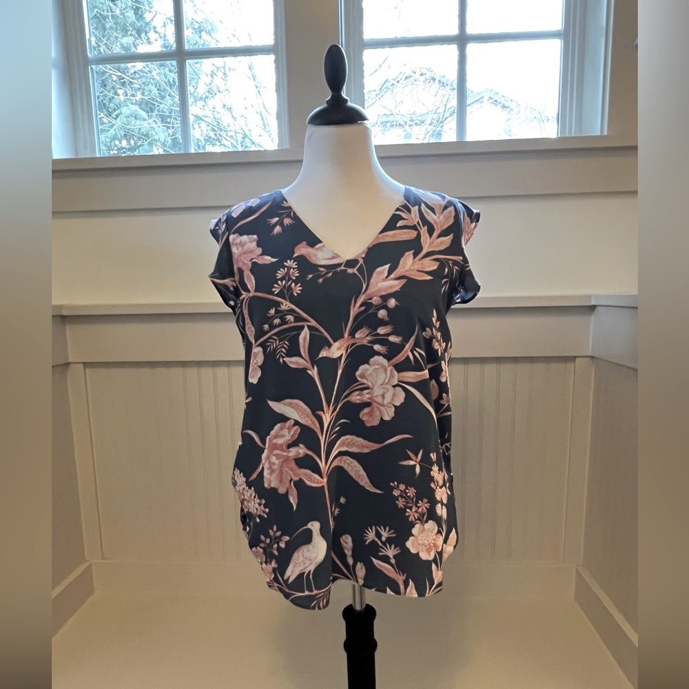 Loft - bird & floral print - periwinkle, pink and white short sleeve blouse.